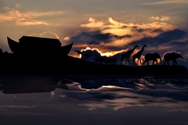 53563931 - noah's ark and animals, cloudy sunset in background